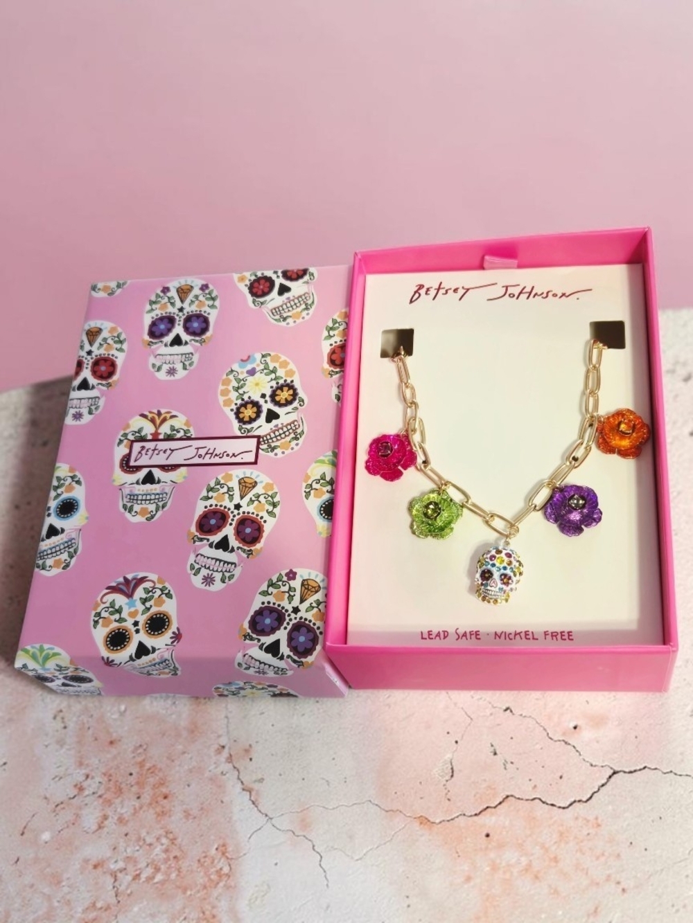 NEW Betsey Johnson Sugar with Crystals and Flowers Pendant Necklace New In Box - Picture 6 of 7